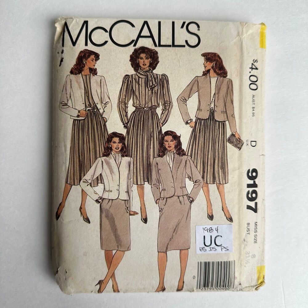 Vintage 80s McCalls 9197 Misses Jacket Blouse Skirts Scarf Pattern Sz 8 UNCUT